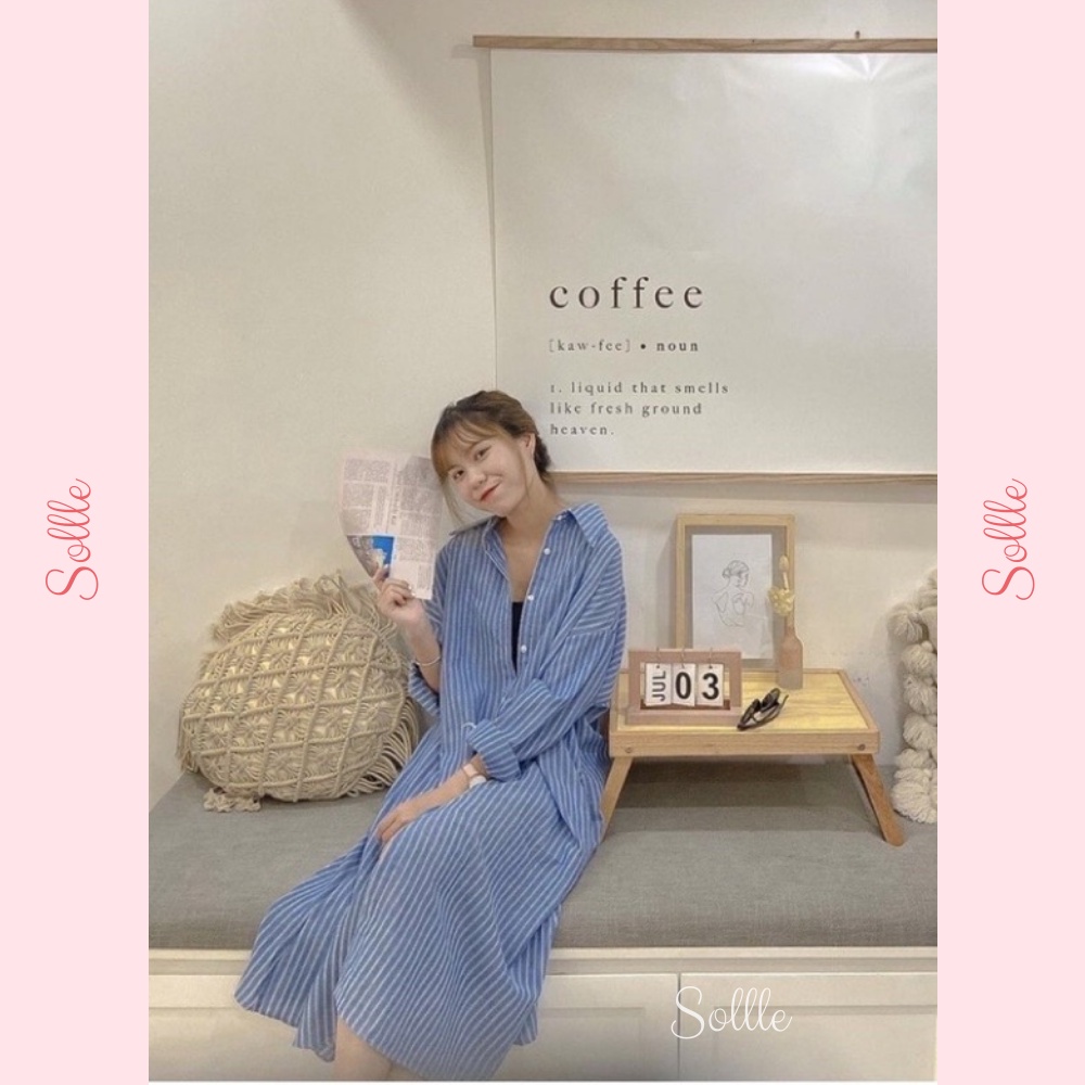 Váy đầm sơ mi kẻ sọc dài tay dáng rộng kèm đai xanh đen free size Hàn Quốc Sollle VSM002