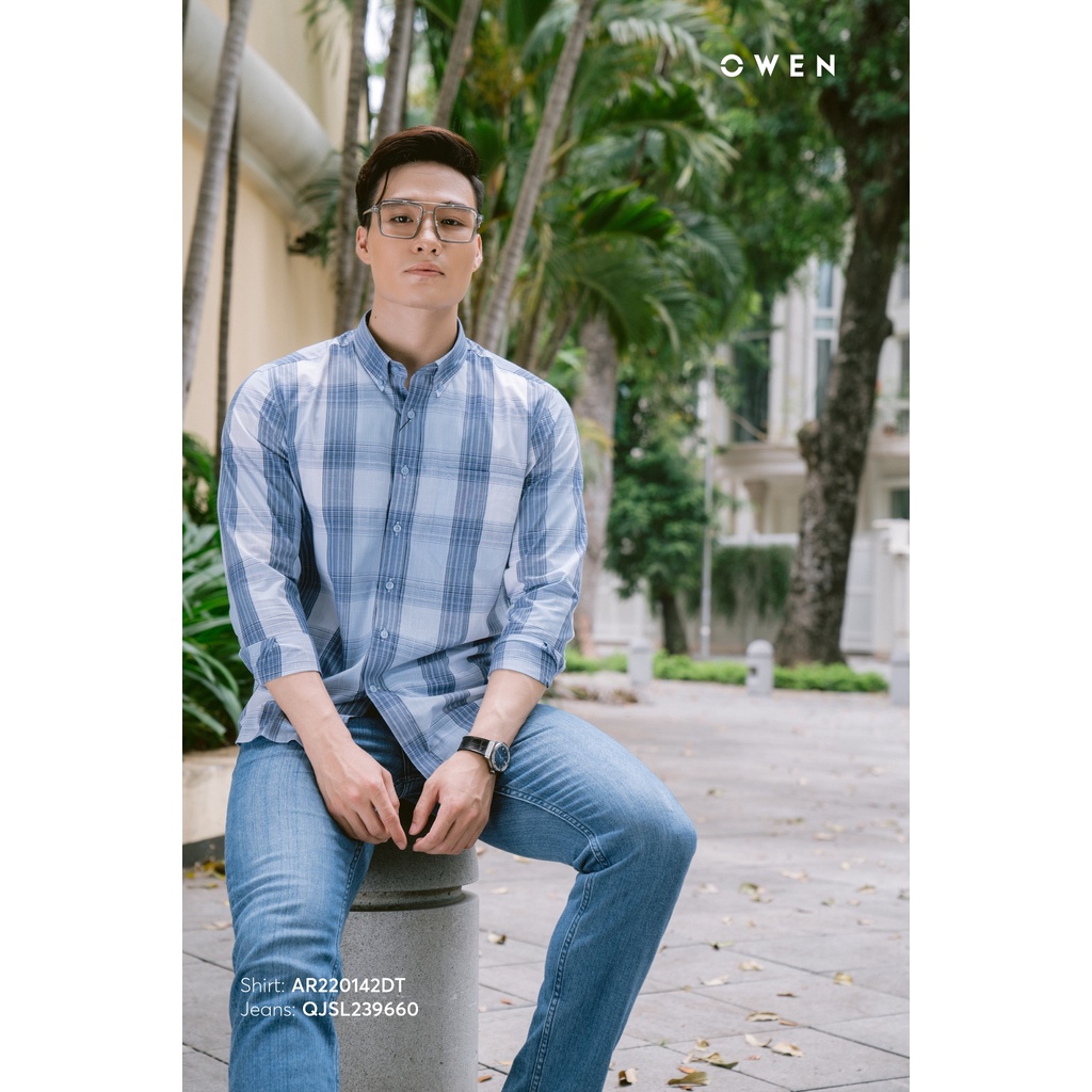 Áo sơ mi nam dài tay OWEN AR220142DT somi công sở vải sợi tre cao cấp màu caro trắng xanh dáng suông tà lượn có túi