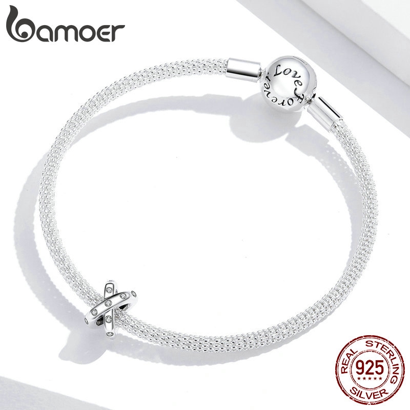 Hạt charm Bamoer chất liệu bạc 925 thiết kế đan chéo làm phụ kiện trang trí vòng đeo tay