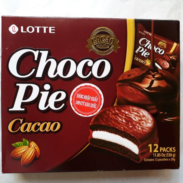 Bánh Lotte Chocopie Cacao/ Chuối / Trà Xanh Hộp 12 Cái (336G)- choco pie nhân marshmallow quà bánh tết rẻ