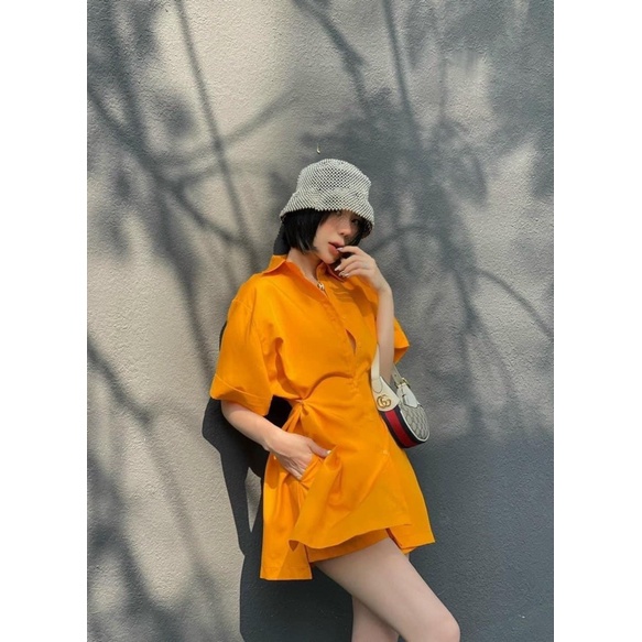 Set áo sơ cam thắt eo