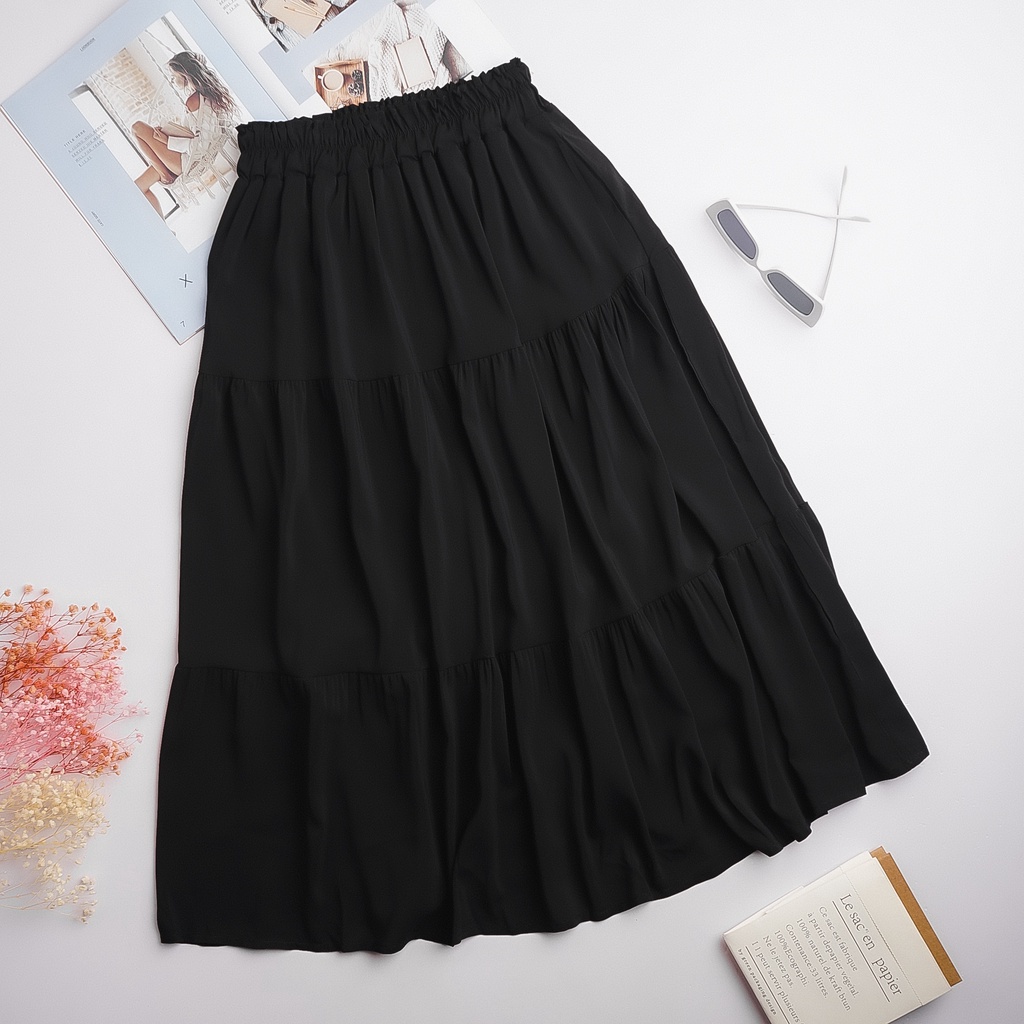 Chân váy dài qua gối chất đẹp nhất ngành - chân váy midi 3 tầng chất voan mềm đẹp, phong cách Ulzzang