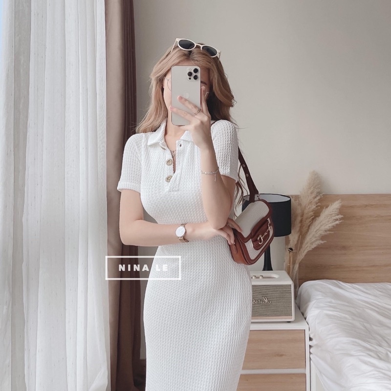 Váy thun suông polo cổ sơ mi tay ngắn ôm body MITRIE đầm cotton co dãn