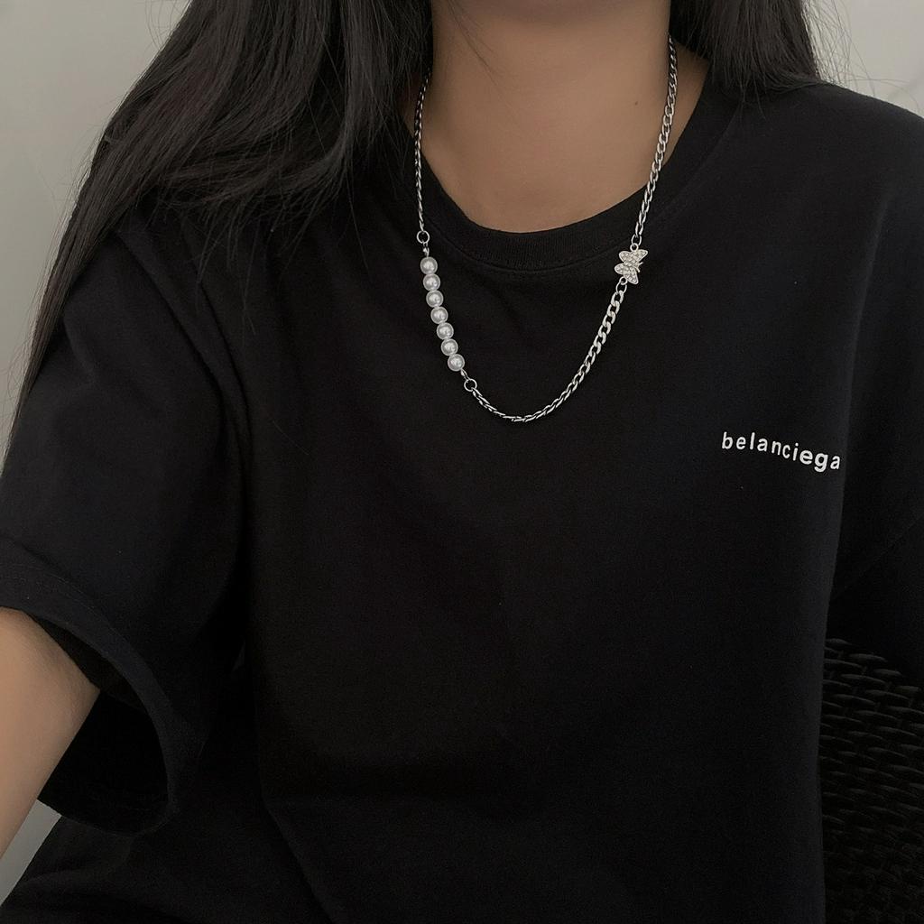 Dây chuyền gắn mặt bướm bằng titan phong cách hip hop trang trí ngọc trai tinh tế độc đáo