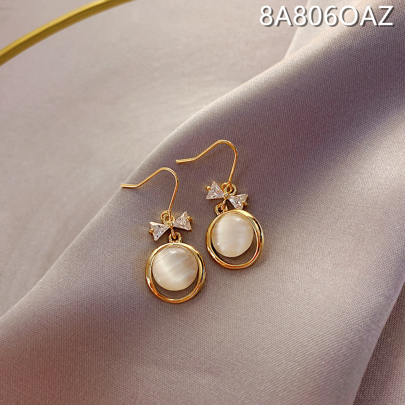 Khuyên tai nơ đính đá zircon phối mặt opal thanh lịch thời trang