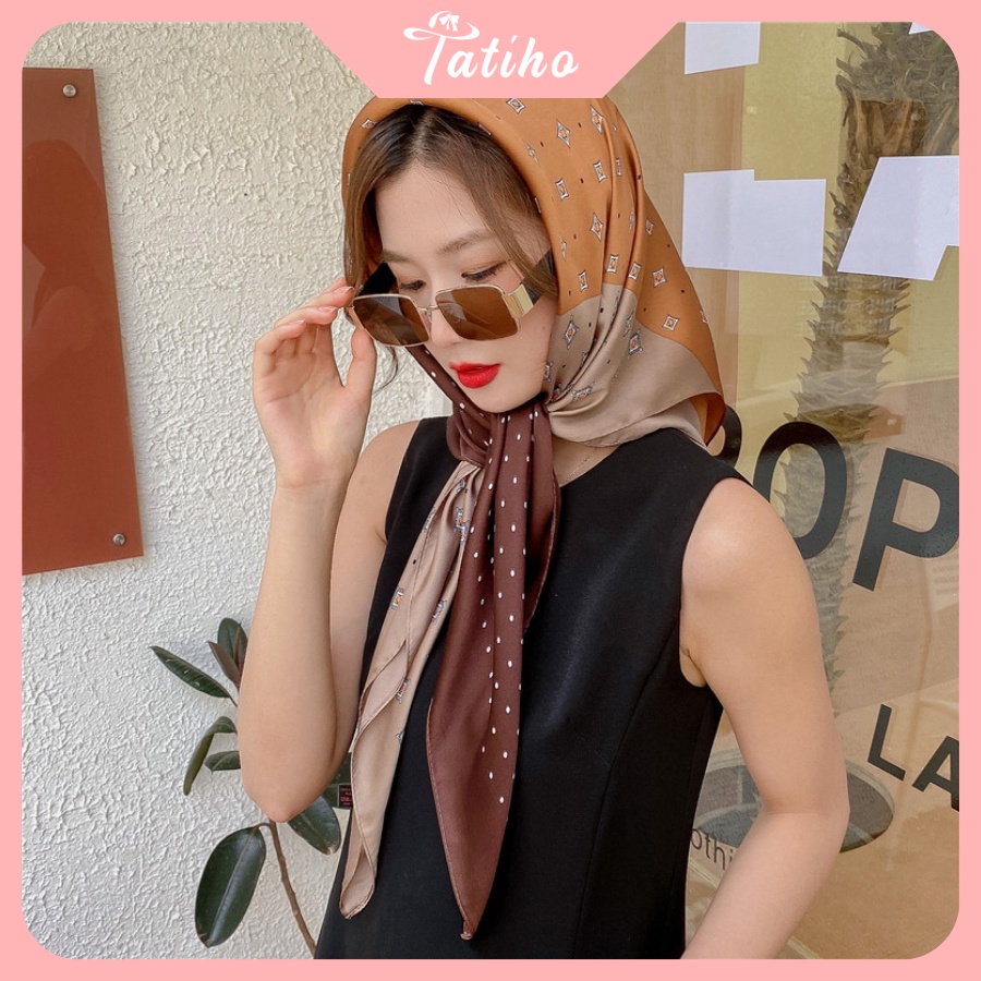 Khăn Lụa Vuông Turban Cao Cấp Họa Tiết Hình Học Hoa Làm Áo Quàng Cổ - Chất Liệu Silk - 90x90cm - Tatiho - Mã KL054