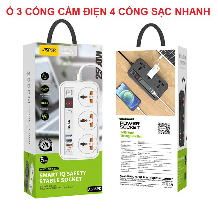 Ổ Điện Chính Hãng Aspor A505-PD, Sạc Nhanh USB C-PD 20W - Có Hẹn Giờ - Chống Cháy Nổ - Dây Dài 2m