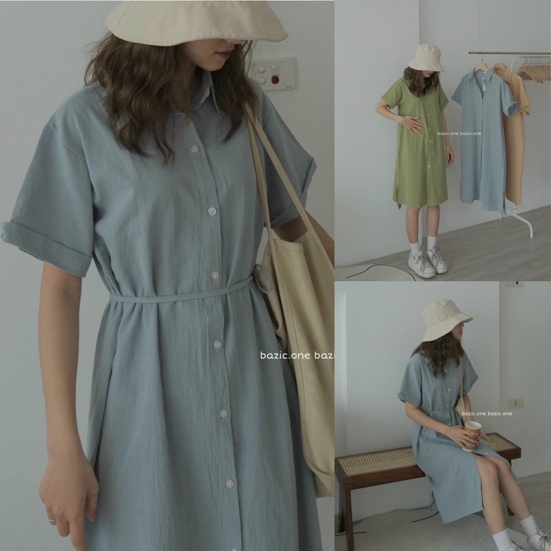 [Ảnh thật/sẵn] Váy sơmi kèm dây buộc eo mặc 2 kiểu Hàn Quốc