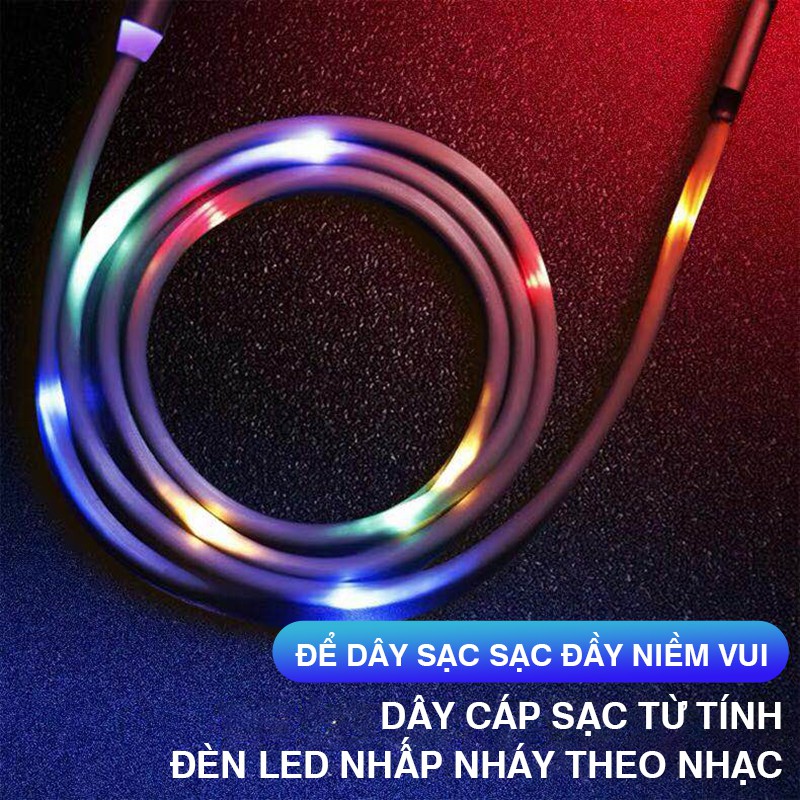 Cáp sạc từ tính Cát Thái có đèn LED nhiều màu sắc nhấp nháy theo âm nhạc, 1 dây 3 đầu sạc Micro/Lightning/Type-C