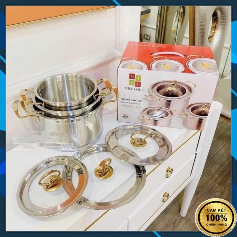 [Mã LIFEHLSALE1 giảm 10% đơn 150K] Bộ Nồi 3 Món Inox Cao Cấp MISU LOUIS Đáy Liền Nguyên Khối 3 Đáy, Sử Dụng Mọi Loại Bếp