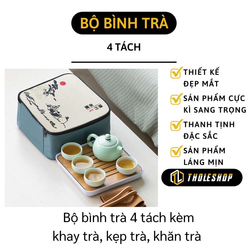 Bộ Bình Trà - Bộ Ấm Trà Gốm Sứ 4 Tách Kèm Khay, Kẹp Trà, Khăn Và Túi Du Lịch 9984