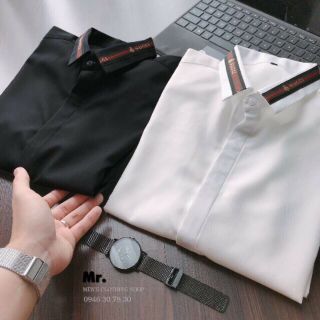 Áo sơ mi nam trắng đen cổ viền