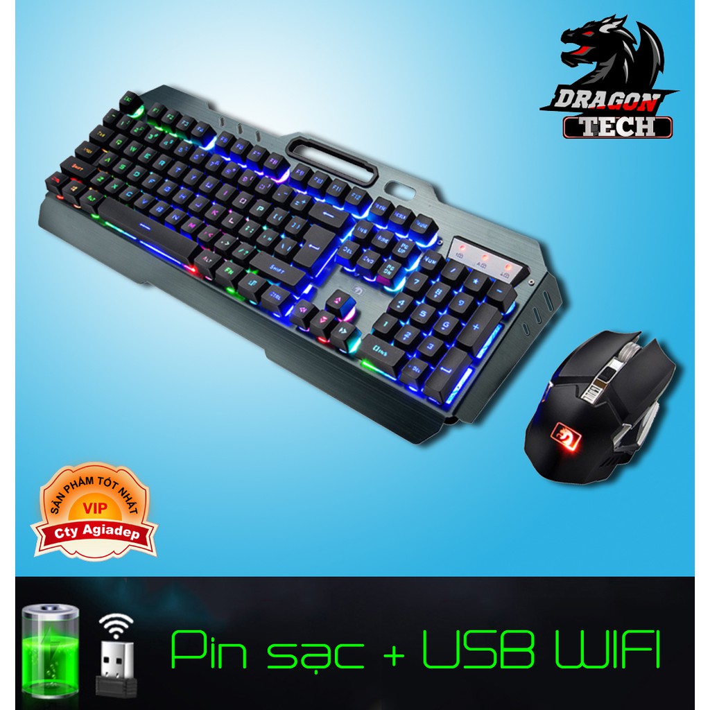 Bộ Bàn Phím Chuột xịn không dây - có Ánh sáng và Sạc pin Game thủ của DragonTech A670