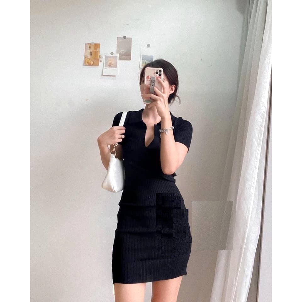 Váy Thun Tăm Polo PEONYB Nữ [FREESHIP]  Đầm tay lỡ cổ V dáng ôm body dự tiệc bánh bèo tiểu thư Ulzzang