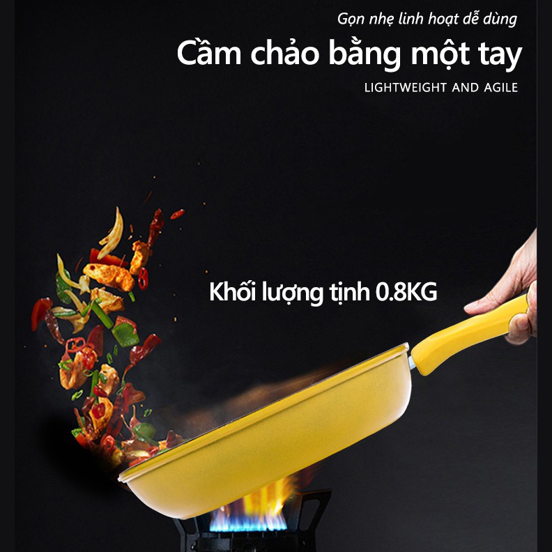 YA11 Chảo chống dính màu vàng 28cm,có nắp, tặng vá xào gỗ, chảo chiên chảo rán chảo rán cao cấp