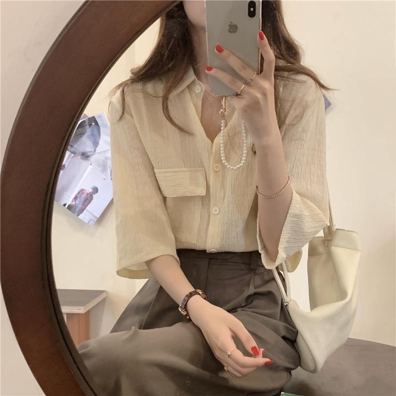 Áo Sơ Mi Tay Lửng Cổ Chữ V Dáng Rộng Thời Trang Dành Cho Nữ