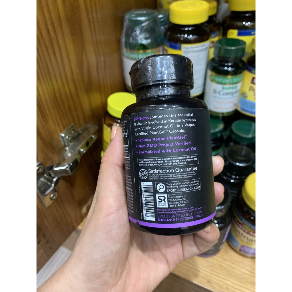 Viên Uống Biotin 5000mcg – Sports Research – Chiết Xuất Dầu Dừa Hữu Cơ - Hỗ Trợ Da Tóc Móng 120 viên