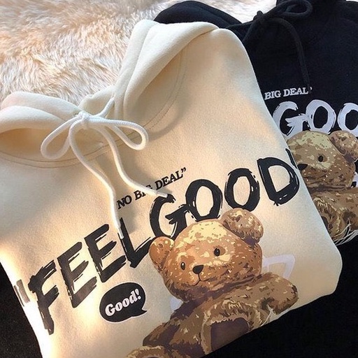 Áo hoodie nam nữ form rộng 2N Unisex nỉ bông in hình gấu FEEL GOOD màu đen/be