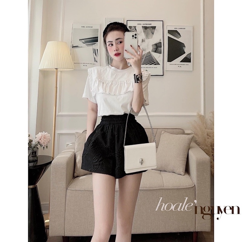 Quần đùi nữ mặc nhà cạp thun chun lưng cao vải xốp phồng in hoa màu Đen Trắng Quần short ống rộng mặc thể thao đi biển