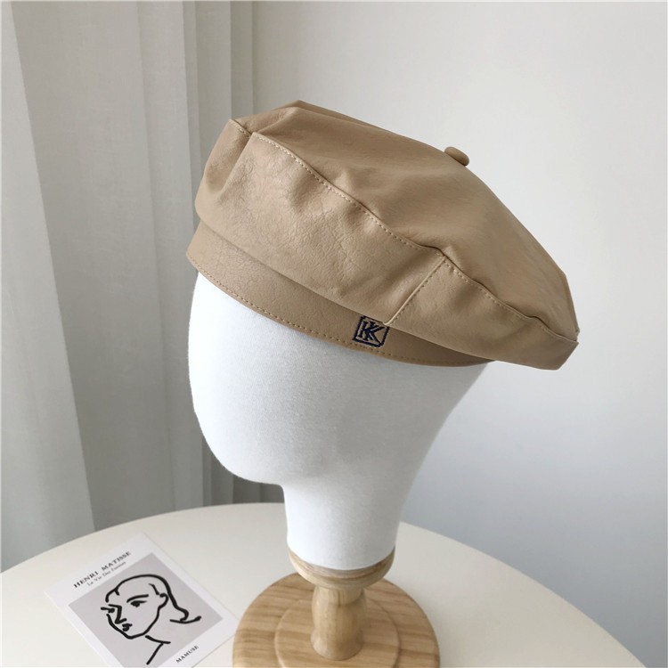 Mũ Beret Da pu Màu Trơn In Chữ Phong Cách Hàn Quốc Thời Trang Thu Đông Cho Nữ