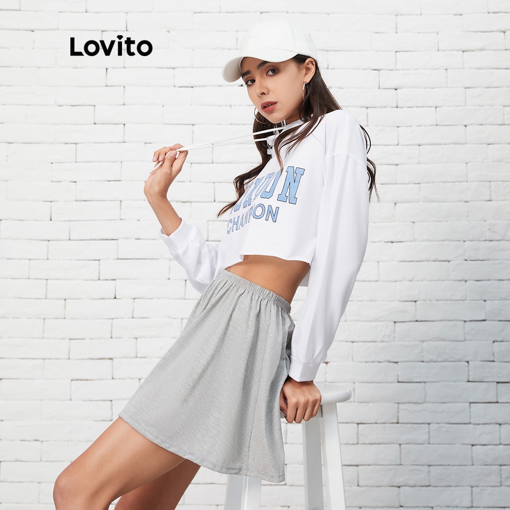 Áo sweatshirt croptop Lovito in họa tiết chữ phong cách thường ngày L07083 (Màu trắng) | BigBuy360 - bigbuy360.vn