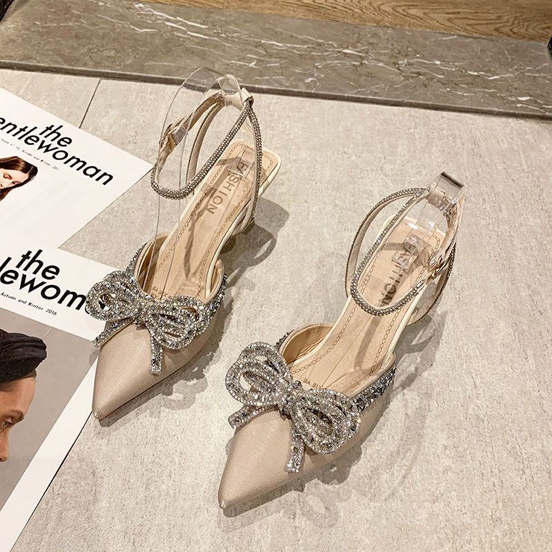 Giày Cao Gót Đính Đá Phối Nơ Xinh Xắn Dành Cho Nữ