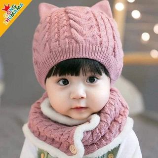 Set mũ kèm khăn lót lông hình tai mèo cho bé