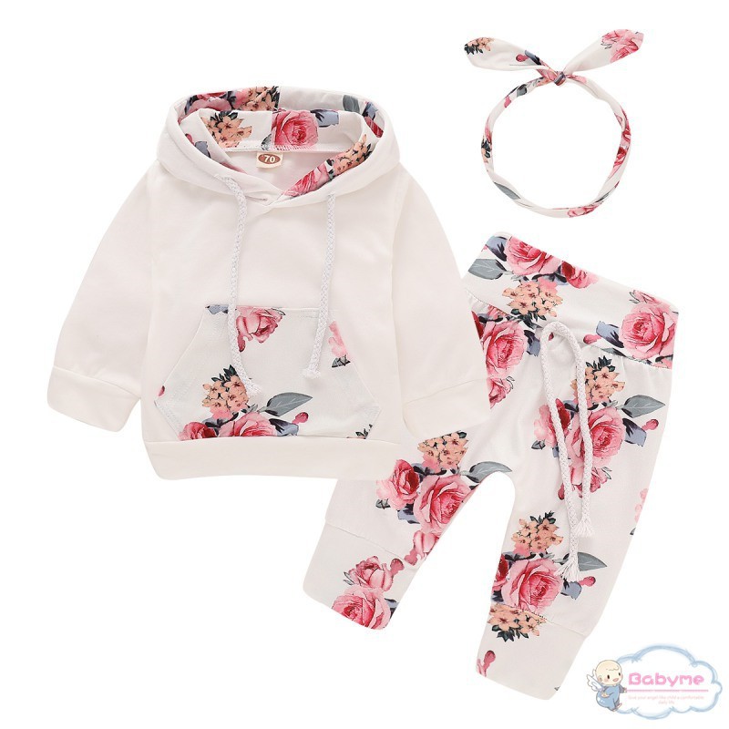 Set áo hoodie + quần dài + băng đô in hoa lá cho bé gái