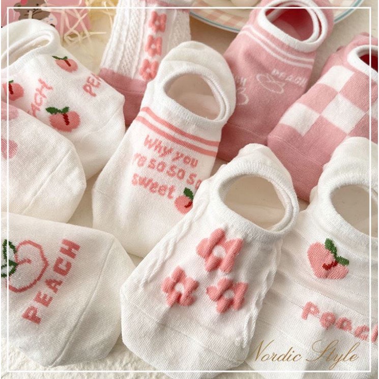 Tất lười nữ, Tất cổ ngắn nữ màu hồng đào xinh xắn, họa tiết cute dễ thương - T084 Mian Store
