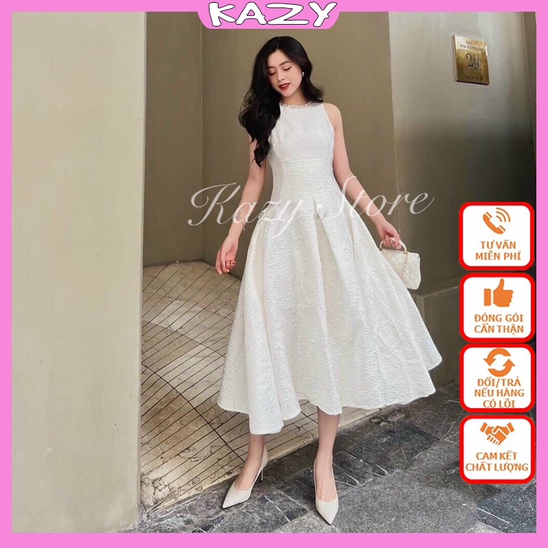 Đầm dự tiệc xòe dáng dài, Váy đi biển cổ ngọc xốp hoa QC KAZY STORE V10