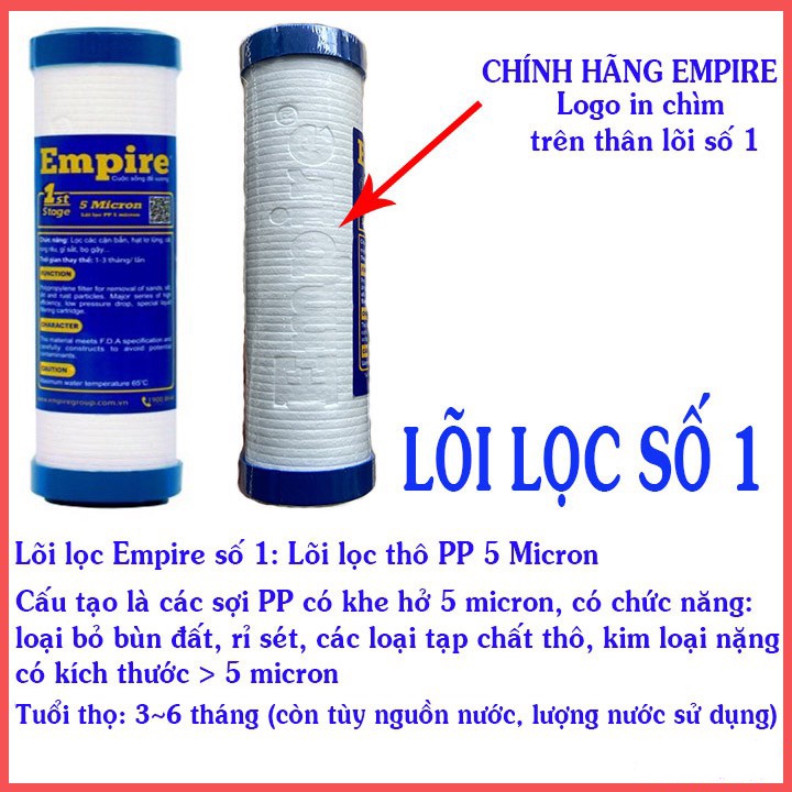 Bộ 3 Lõi Lọc Nước 123 Cao Cấp Empire, Dùng cho tất các các loại máy lọc nước gia đình( SALE : CÓ TẶNG QUÀ )