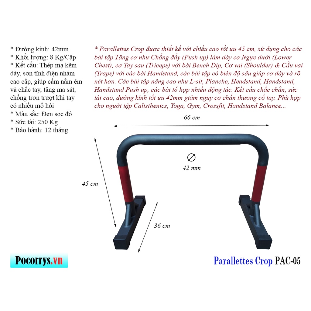 Combo 3 bộ Xà kép Parallettes, Dụng cụ chống đẩy Pocorrys 05, Màu đen đỏ