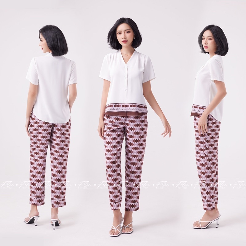 Folie Homewear đồ bộ mặc nhà tay ngắn quần dài lụa tằm ý FB120.1 áo trắng kem quần họa tiết nâu