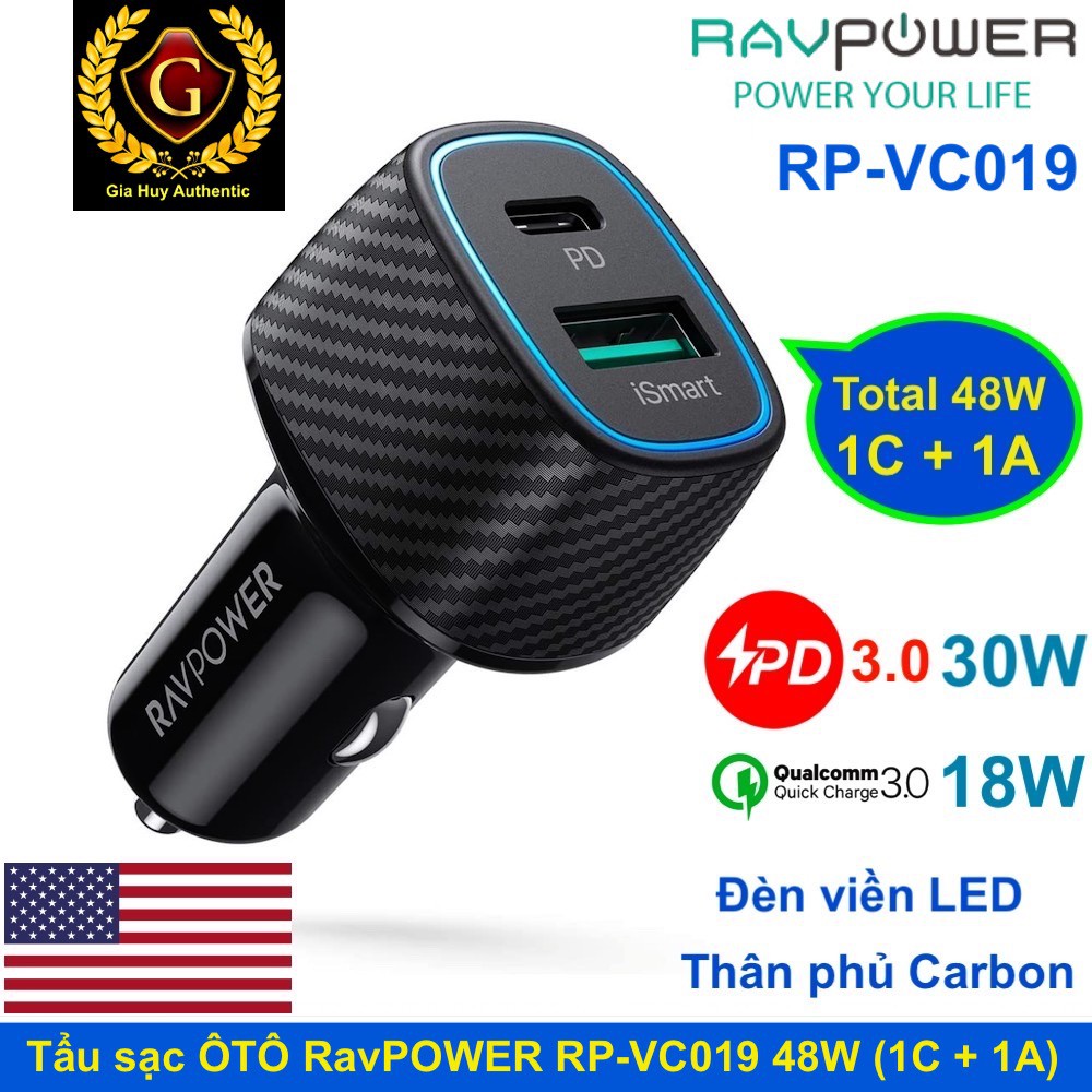 Tẩu sạc ÔTô cho Macbook, iPad Pro, iPhone 13, S10 RAVPOWER RP-VC019 48W (01 cổng C PD 3.0 30W &amp; 01 cổng A QC 3.0 18W)