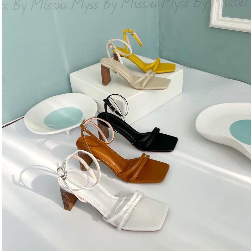 Giày sandal nữ quai ngang mảnh 2 dây gót trụ gỗ 7 cm da thật cao cấp MYSS - SDDT05