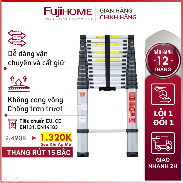 Thang nhôm rút đơn Nhập Khẩu 3,8m - 4,4m - 5m gấp gọn Nhật Bản FUJIHOME, thang rút xếp gọn telescopic ladder chính hãng