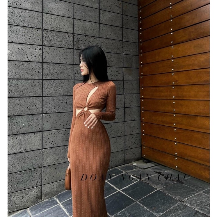 ĐẦM BODY KHOÉT NGực  XOẮN VÁY BODY MẶC 2 KIỂU TAY DÀI CHẤT LEN TĂM ALOHASHOP91