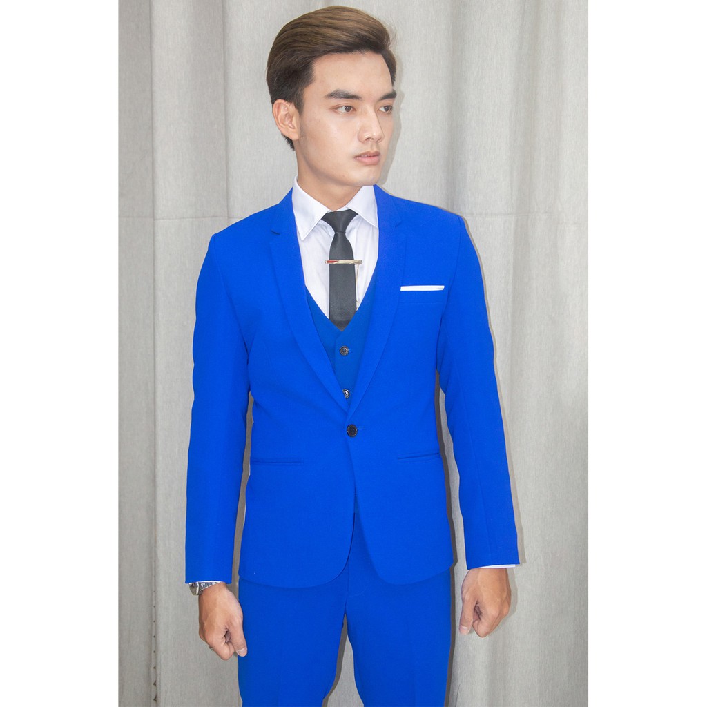 Bộ vest nam và gile + sơ mi ôm body màu xanh coban tặng cà vạt nơ