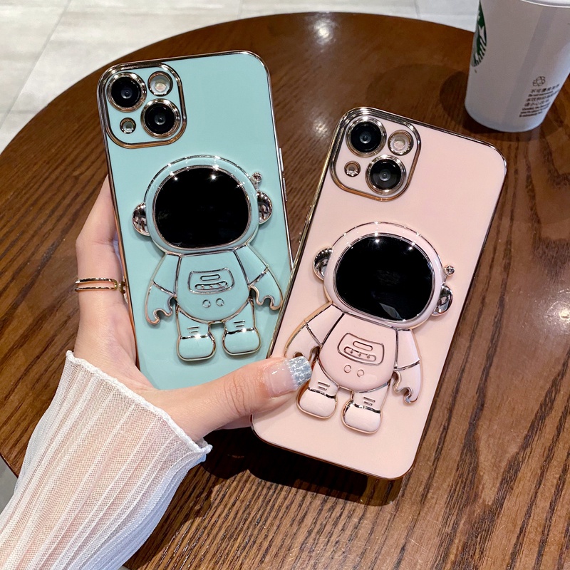 Ốp Điện Thoại Silicon Mềm Chống Sốc Có Giá Đỡ Hình Phi Hành Gia Mạ Viền Sang Trọng Cho iPhone 14 13 12 11 Pro Max