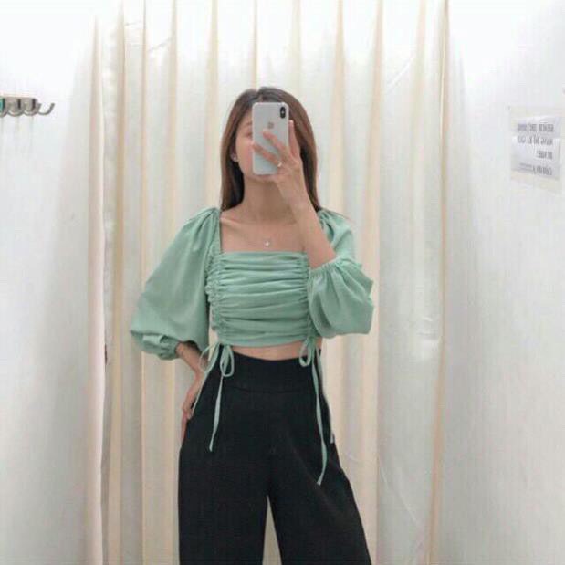 ÁO CROPTOP CỔ VUÔNG TAY DÀI BỒNG PHỐI DÂY RÚT - ÁO TRỄ VAI CROPTOP RÚT DÂY XANH VÀNG HỒNG ĐEN TRẮNG
