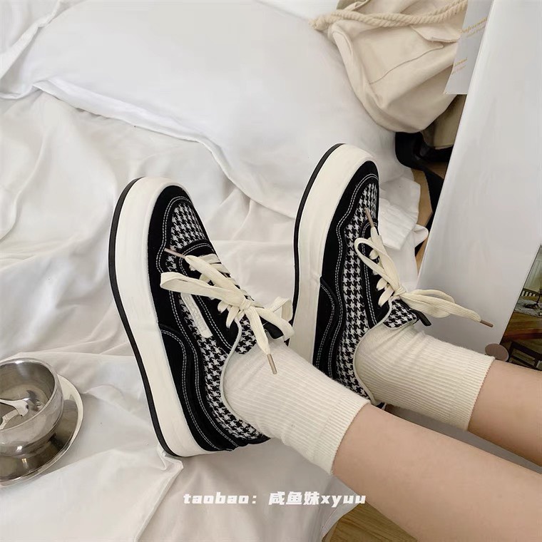 Giày Thể Thao Nữ Đế Độn Hoạ Tiết Houndstooth Đế Bánh Mì Tăng Chiều Cao HotTrend CAMSTORE