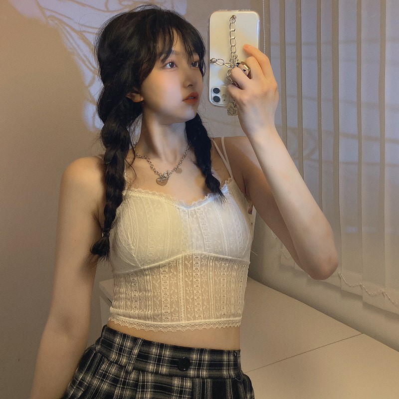 Xiaozhainv Áo hai dây không gọng thép phối ren phong cách Hàn Quốc