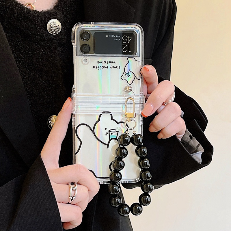 Ốp Điện Thoại Cứng Trong Suốt In Hình Gấu Dễ Thương Kèm Dây Đeo Cho Samsung Galaxy Z Flip 3 Z Flip3 ZFlip3 ZFlip 3