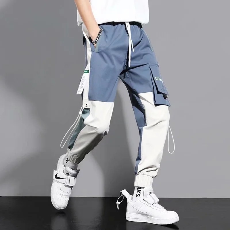 【2 Color】Plus Size Chubby Multi-pocket Cargo Pants for Men Sprots Military Jogger Pants Men's Contrast Color Splicing Elastic Waistband Korean Jogging Pants