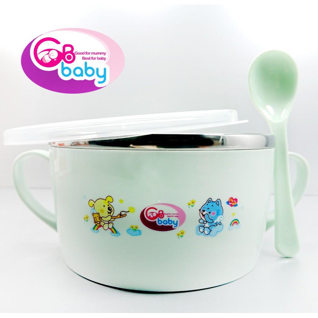 Bát inox ăn dặm 7709 GB Baby có năp đậy và thìa cho bé dung tích chứa 720ml