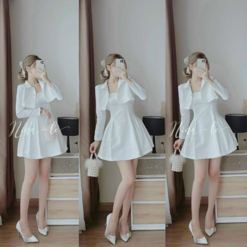 Set đồ nữ 2 món trắng, set đầm 2 dây xòe + áo khoác crop vest tay dài đính nút - 2MT05