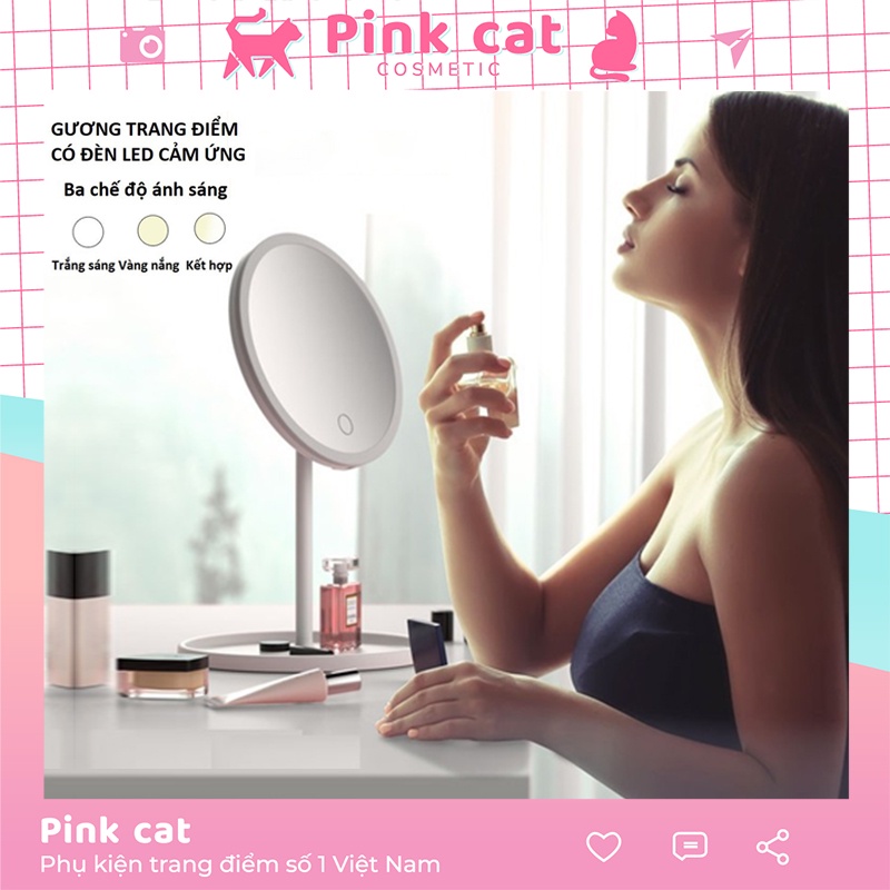 Gương Trang Điểm Có Đèn Led Cảm Ứng 3 Chế Độ Ánh Sáng Hàng nhập khẩu, Gương MakeUp Tròn Hai Màu Trắng Và Hồng Phấn