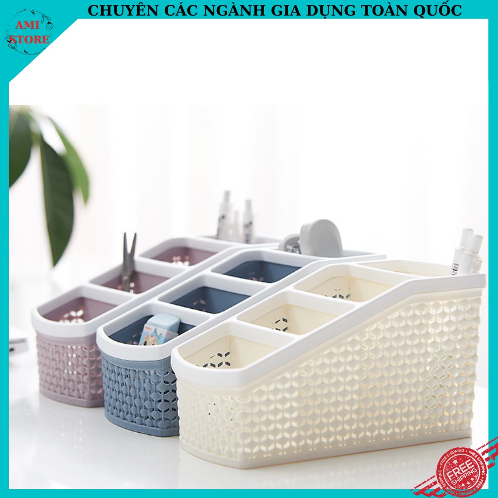 Khay/ giỏ cắm bút, dụng cụ văn phòng nhựa giả mây Việt Nhật 4 ngăn đựng đồ đa năng
