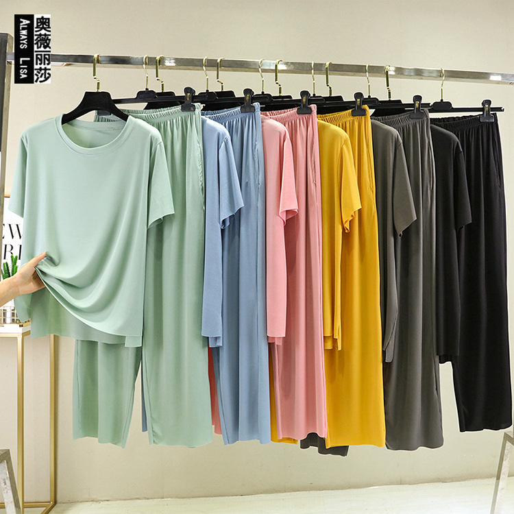 Bộ Đồ Ngủ 2 Món Bằng Lụa Lạnh Tay Ngắn + Quần Dài Plus size M-2XL Phong Cách Hàn Quốc Cho Nữ