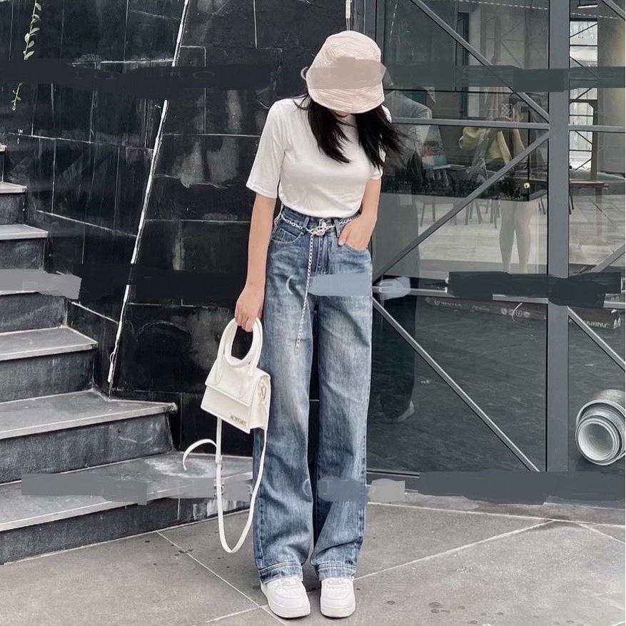 Bingshopvn Quần jeans nữ - quần bò suông ống rộng lưng cao kèm đai xích màu xanh vải đẹp